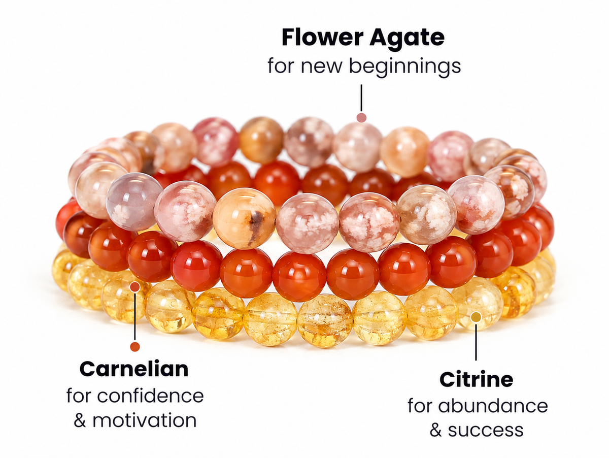 Three Aries zodiac bracelets in carnelian, flower agate and citrine stacked together