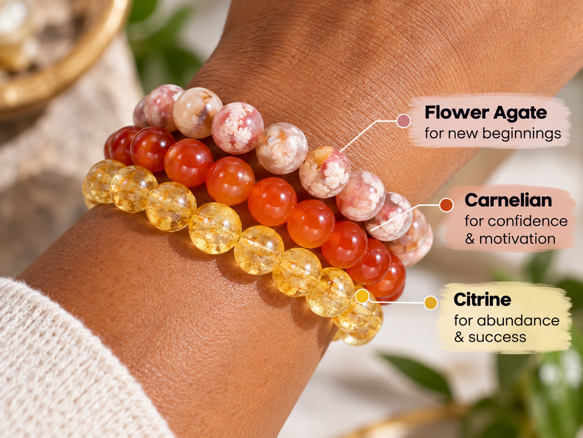 Aries crystal bracelet stack worn on the wrist for confidence and courage