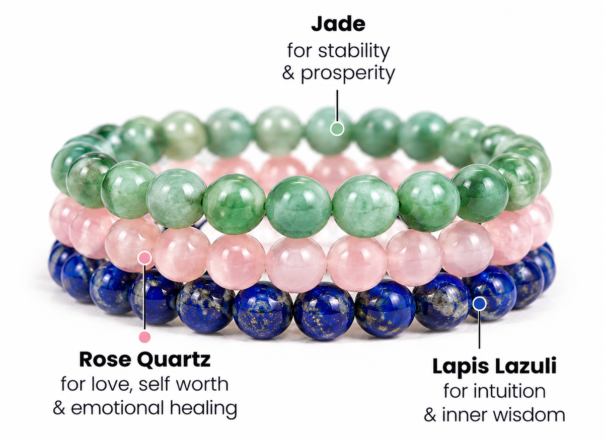 three Taurus zodiac bracelets in rose quartz, jade and lapis lazuli stacked together