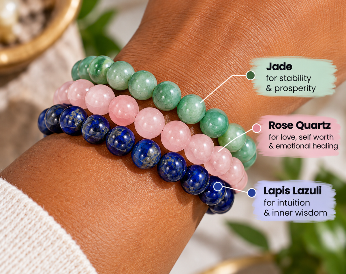 Taurus crystal bracelet stack worn on the wrist for stability, love and inner peace