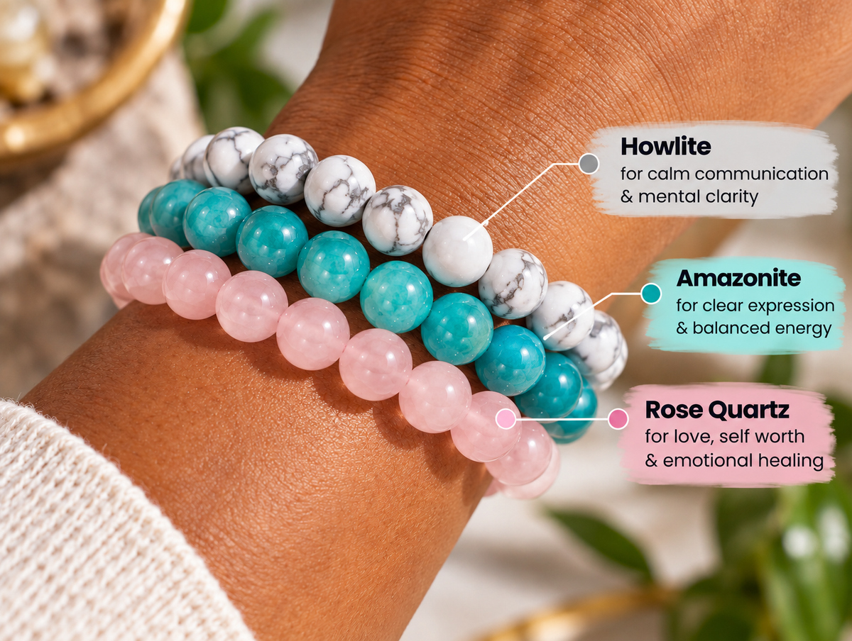 Gemini crystal bracelet stack worn on the wrist for communication and emotional balance