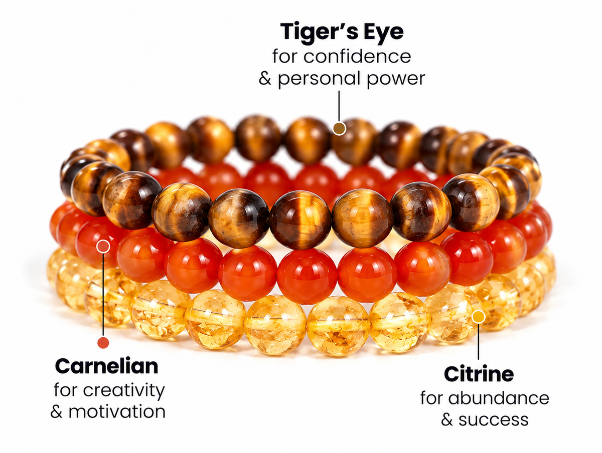 Three Leo zodiac bracelets in tiger's eye, citrine and carnelian stacked together