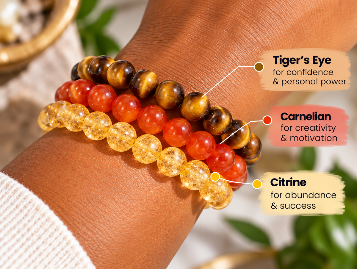 Leo crystal bracelet stack worn on the wrist for confidence and leadership