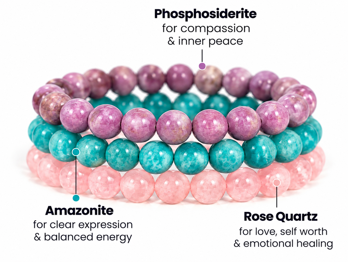 Three Virgo zodiac bracelets in phosphosiderite, amazonite and rose quartz stacked together