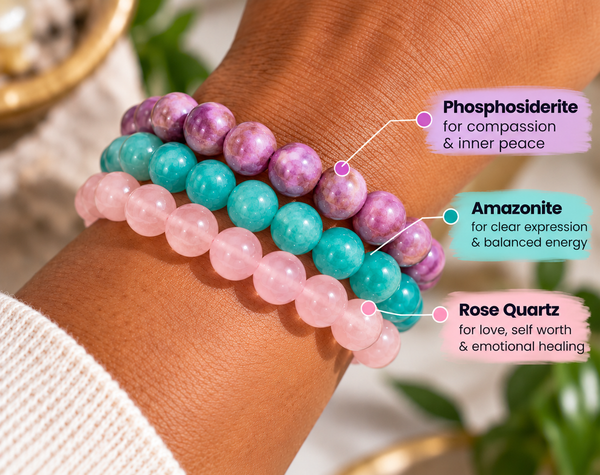 Virgo zodiac crystal bracelet set stacked on the arm by Inner Outer Balance for self-love and mental clarity