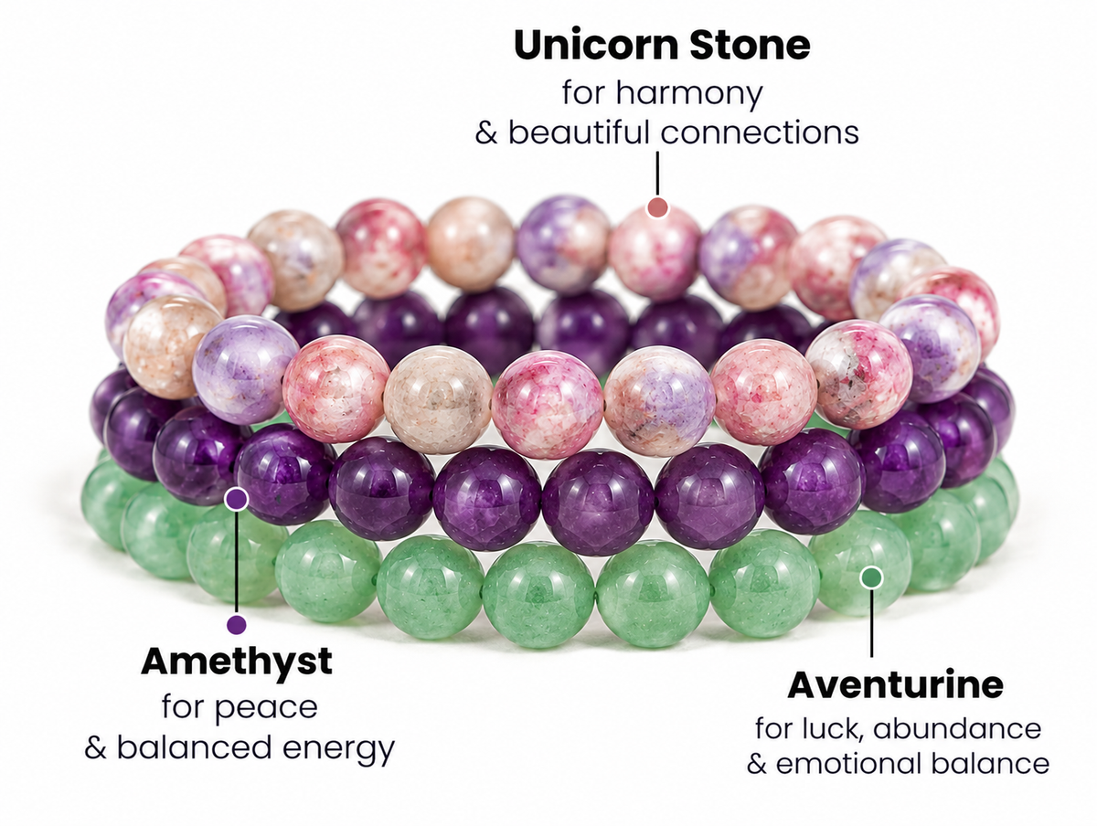 Three Libra zodiac bracelets in amethyst, aventurine and unicorn stone stacked together