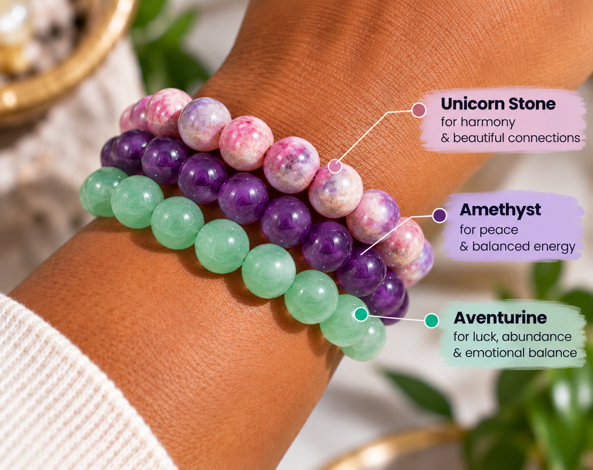 Libra crystal bracelet stack worn on the wrist for harmony, balance and intuition