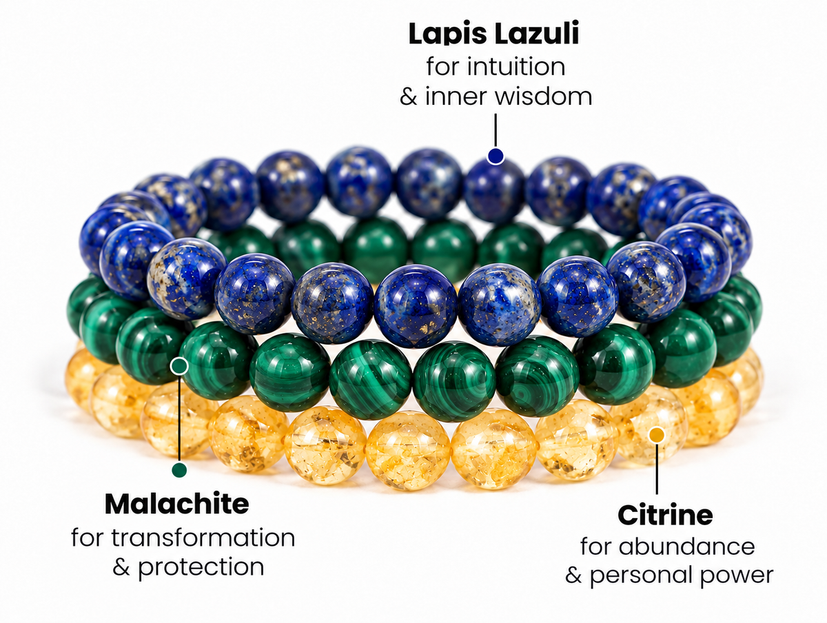 Three Scorpio zodiac bracelet stack in malachite, lapis lazuli and citrine stacked together