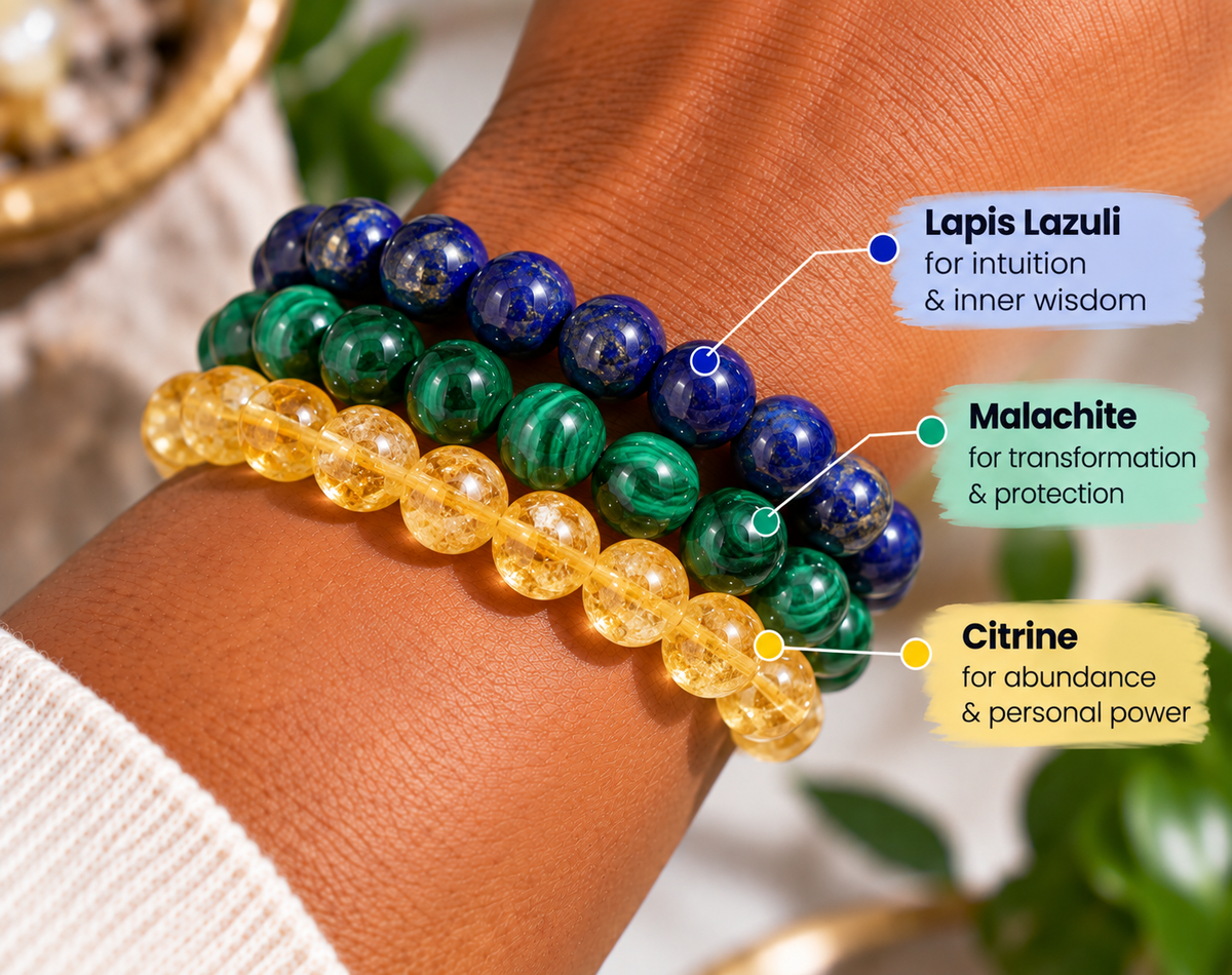 Scorpio crystal bracelet stack worn on the wrist for transformation, wisdom and strength