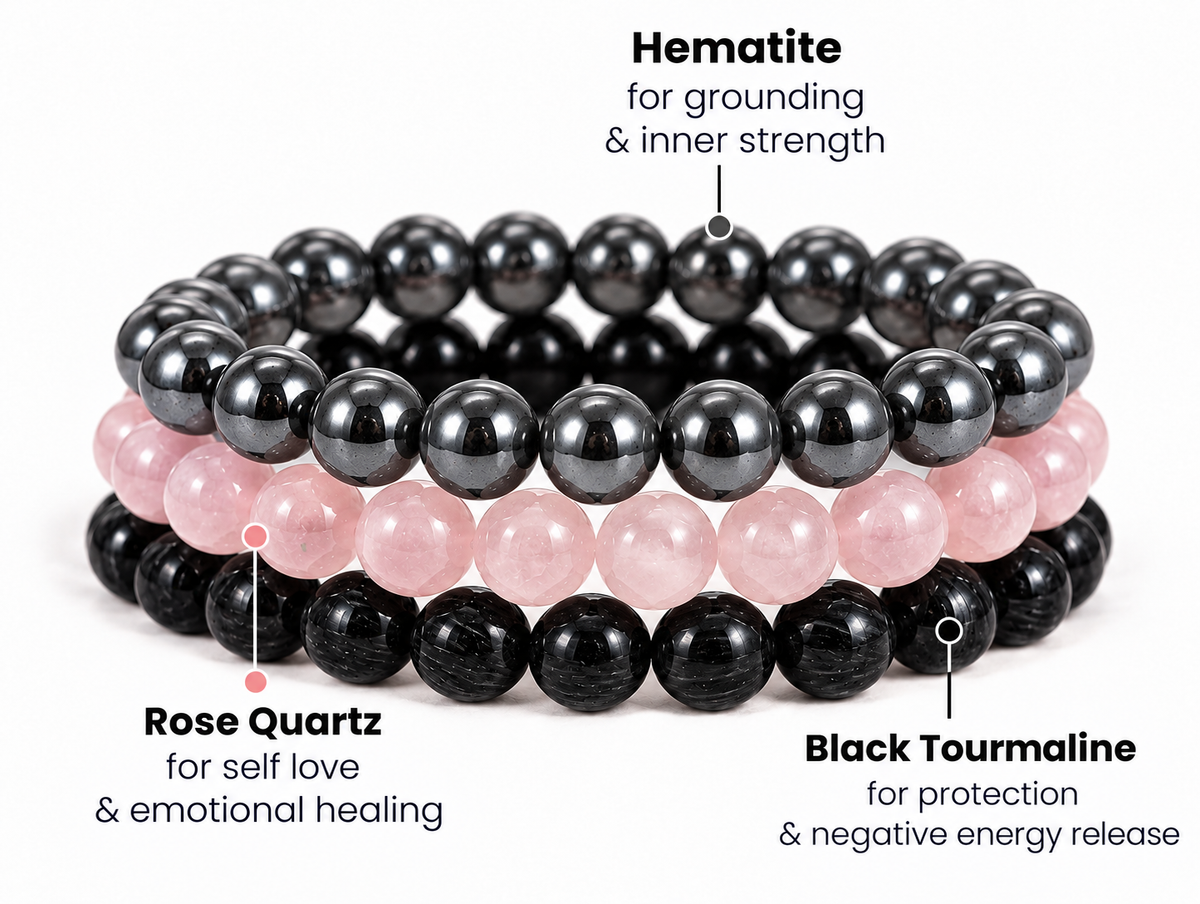 Three Capricorn zodiac bracelets in hematite, rose quartz and black tourmaline stacked together