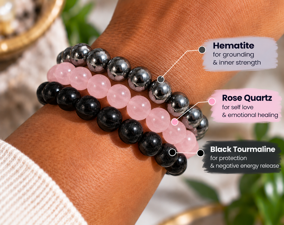 Capricorn crystal bracelet stack worn on the wrist for grounding, love and protection