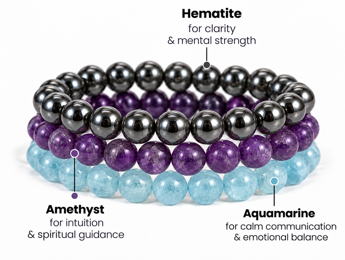 Three Aquarius zodiac bracelets in hematite, aquamarine and amethyst stacked together