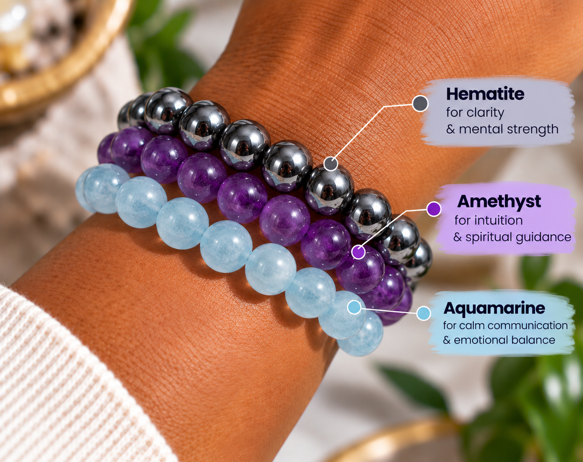 Aquarius crystal bracelet stack worn on the wrist for clarity, calm and protection