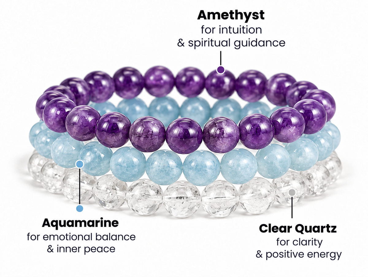 Three Pisces zodiac bracelets in clear quartz, aquamarine and amethyst stacked together
