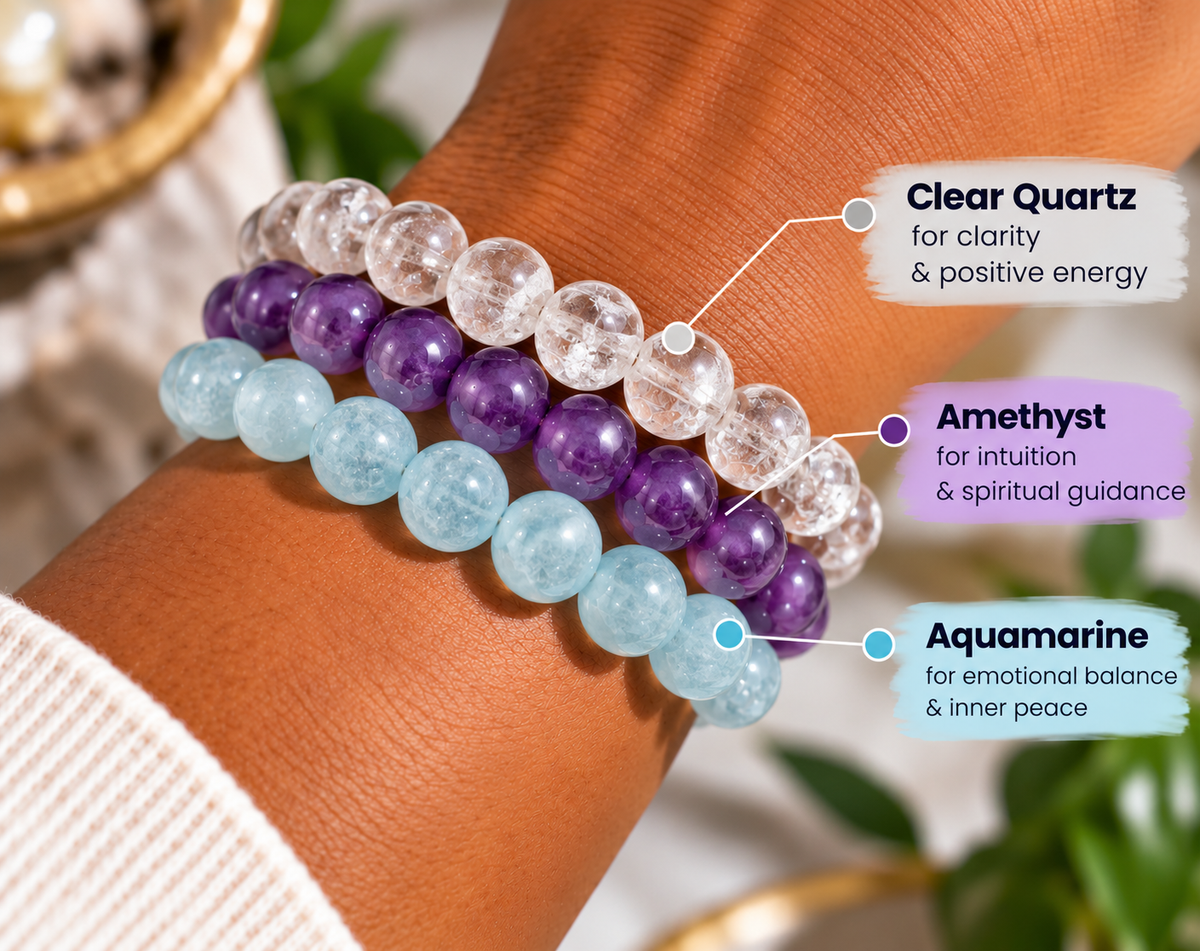 Pisces crystal bracelet stack worn on the wrist for intuition, healing and emotional balance