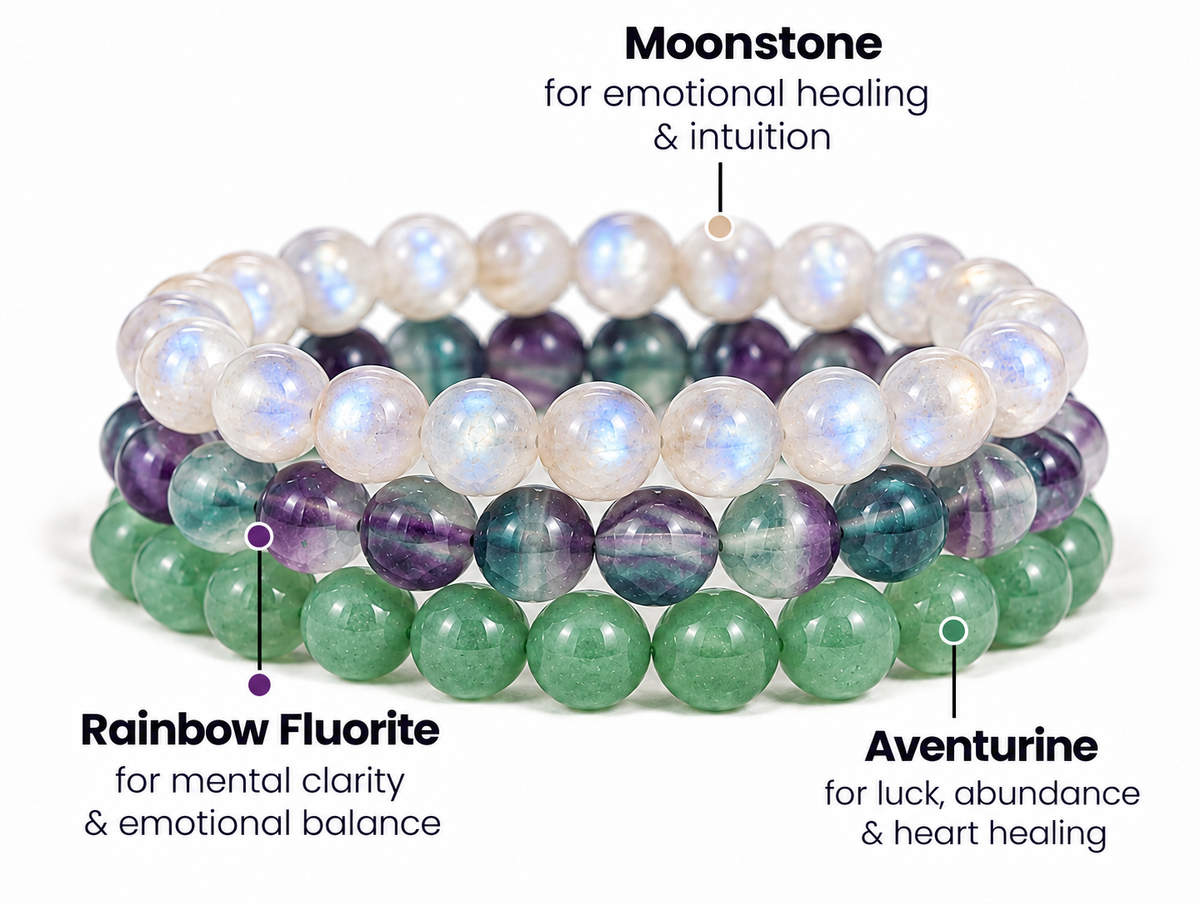Three Cancer zodiac bracelets in rainbow fluorite, moonstone and aventurine stacked together