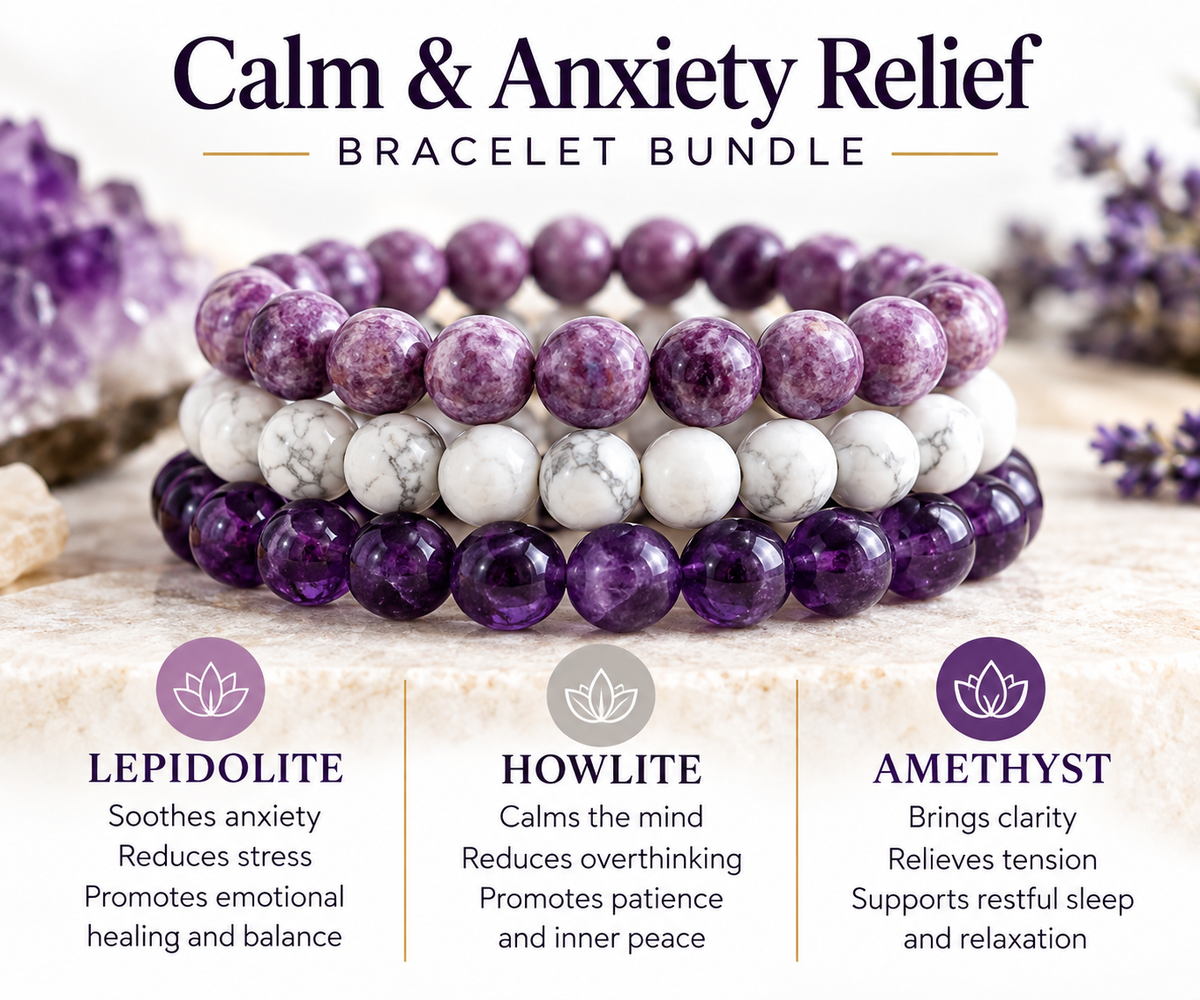 Calm & Anxiety Relief Bracelet Bundle | Stress Relief, Emotional Balance & Inner Peace Crystal Trio