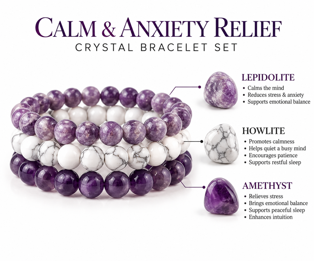 Calm & Anxiety Relief Bracelet Bundle | Stress Relief, Emotional Balance & Inner Peace Crystal Trio