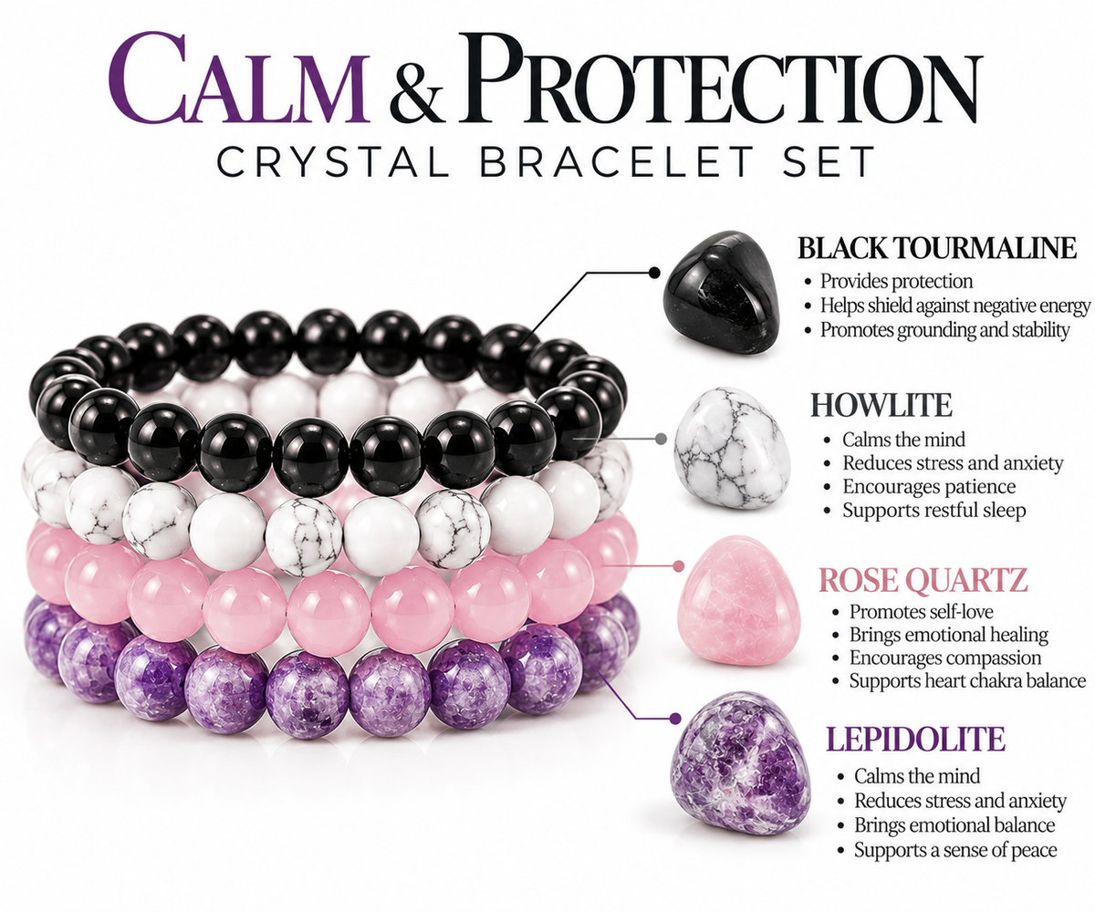 Stress & Anxiety Relief Crystal Bracelet Set – Black Tourmaline, Howlite, Rose Quartz & Lepidolite for Calm & Healing