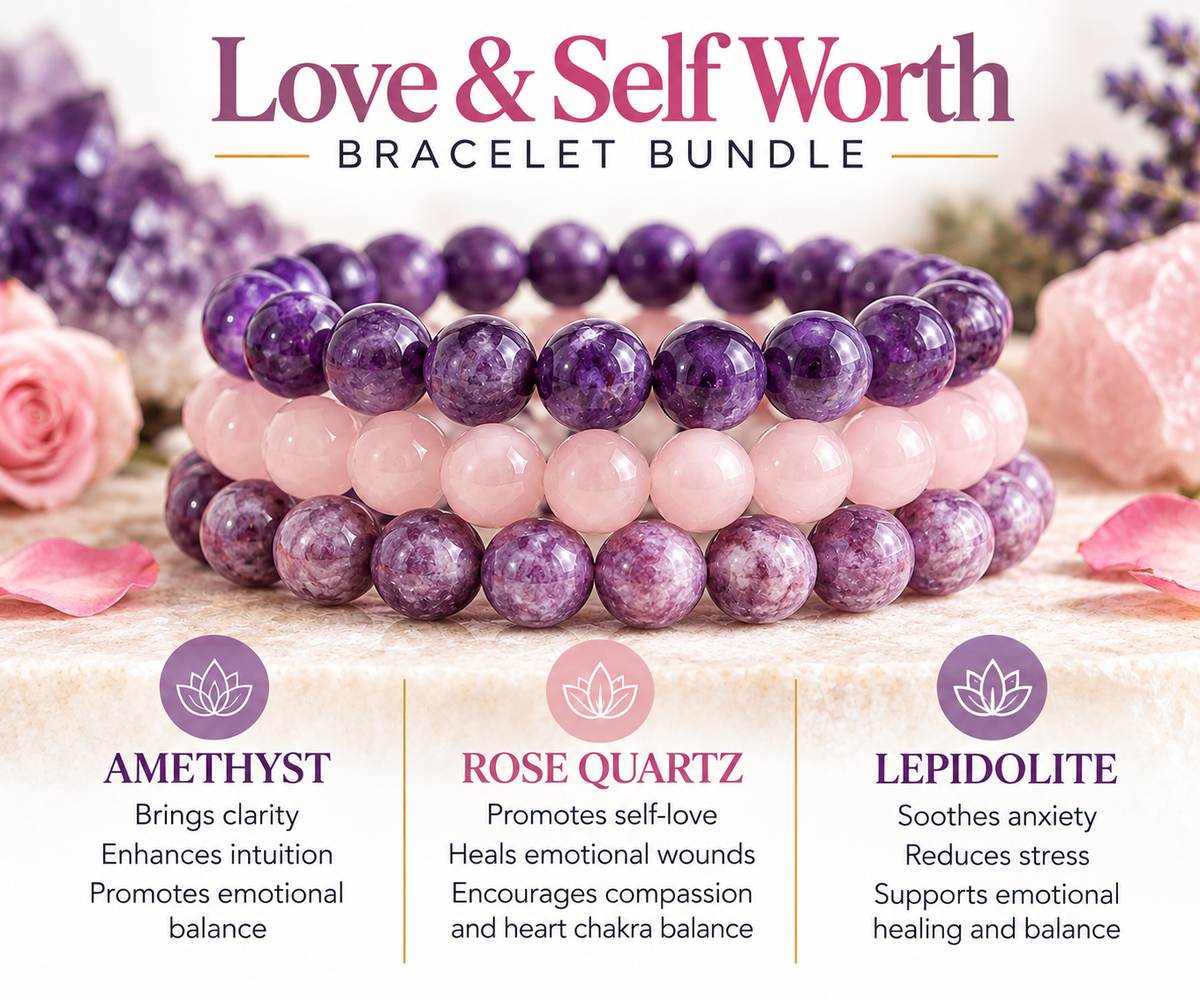 Three beaded bracelets displayed together featuring Amethyst, Rose Quartz and Lepidolite.