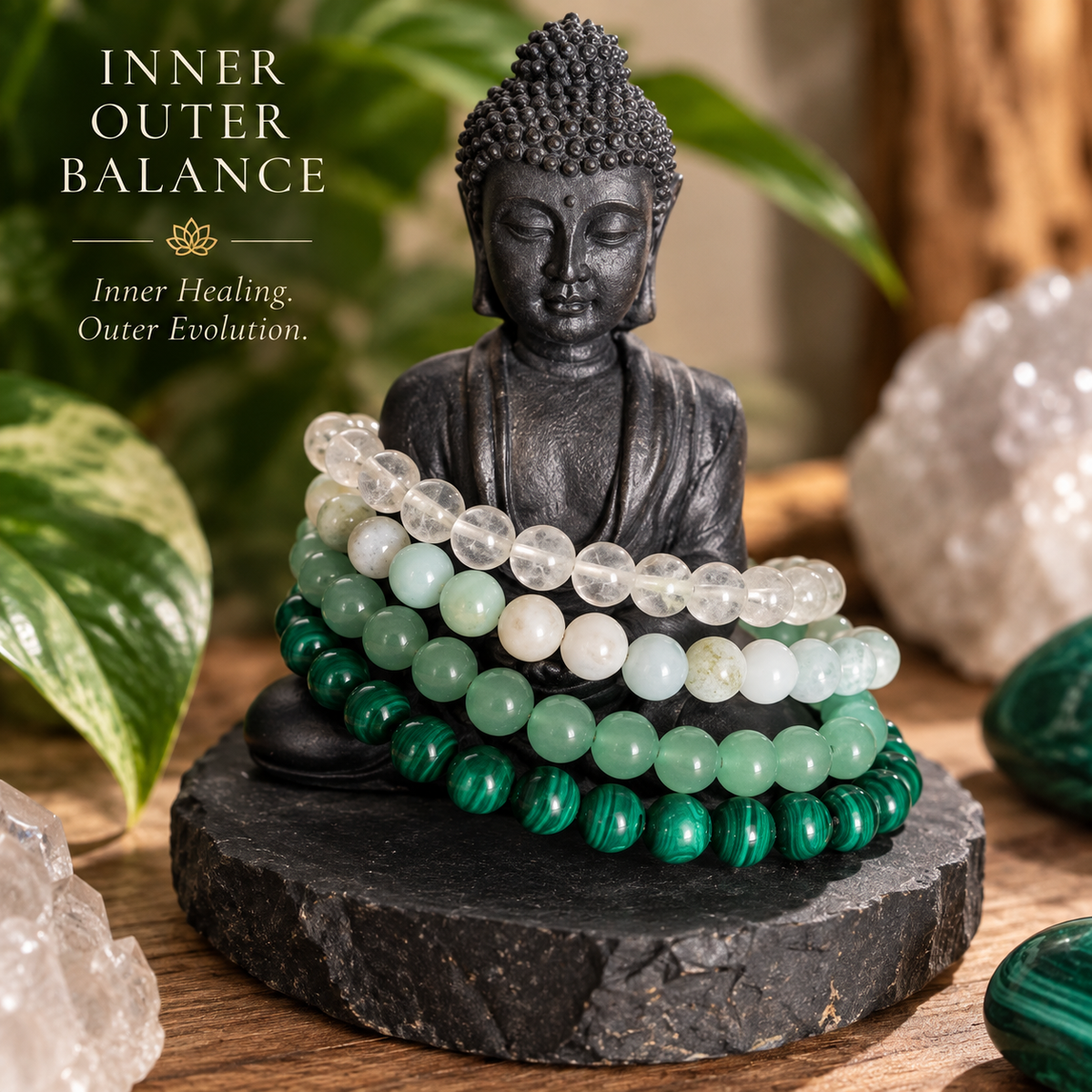 Good Luck & Good Fortune Crystal Bracelet Set – Malachite, Jade, Prasiolite & Aventurine for Prosperity & Abundance