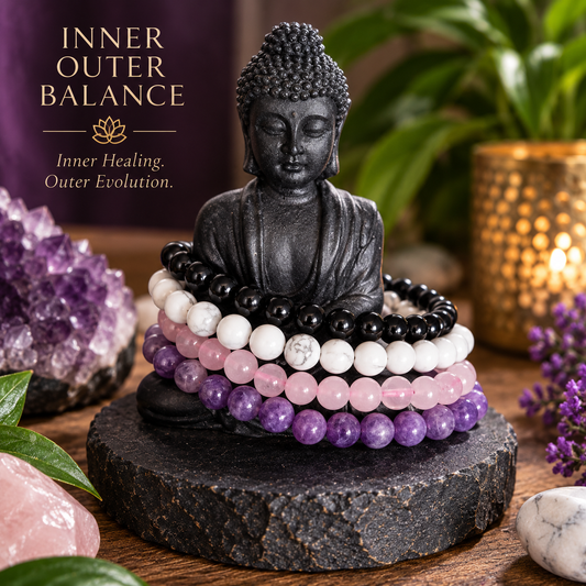 Stress & Anxiety Relief Crystal Bracelet Set – Black Tourmaline, Howlite, Rose Quartz & Lepidolite for Calm & Healing