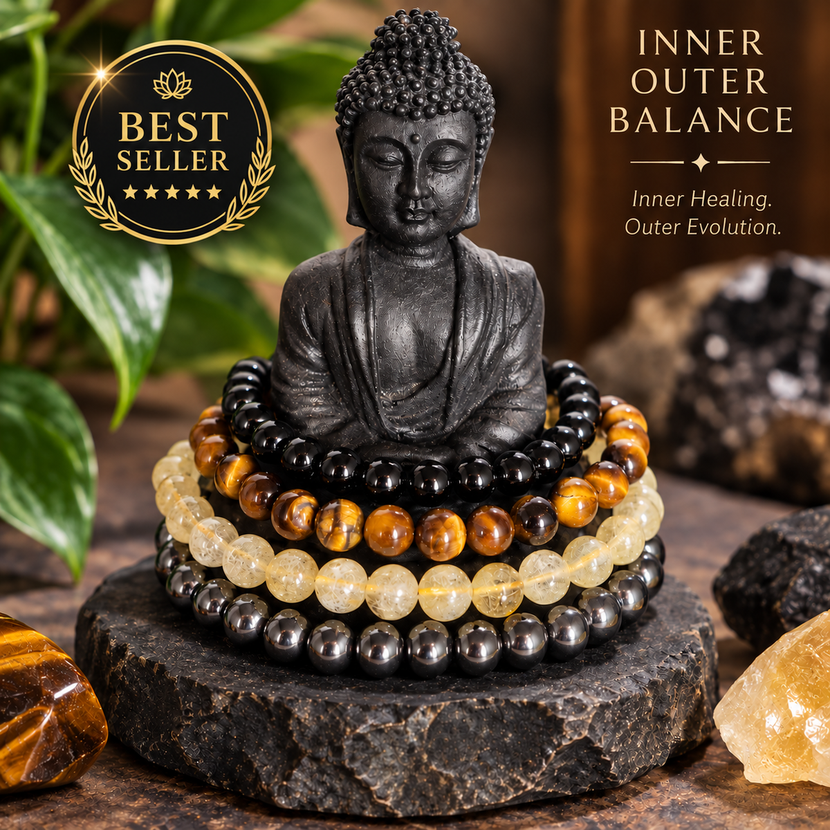 Empowered Protection Bracelet Set – Black Tourmaline, Hematite, Tiger’s Eye & Citrine for Strength, Grounding & Abundance