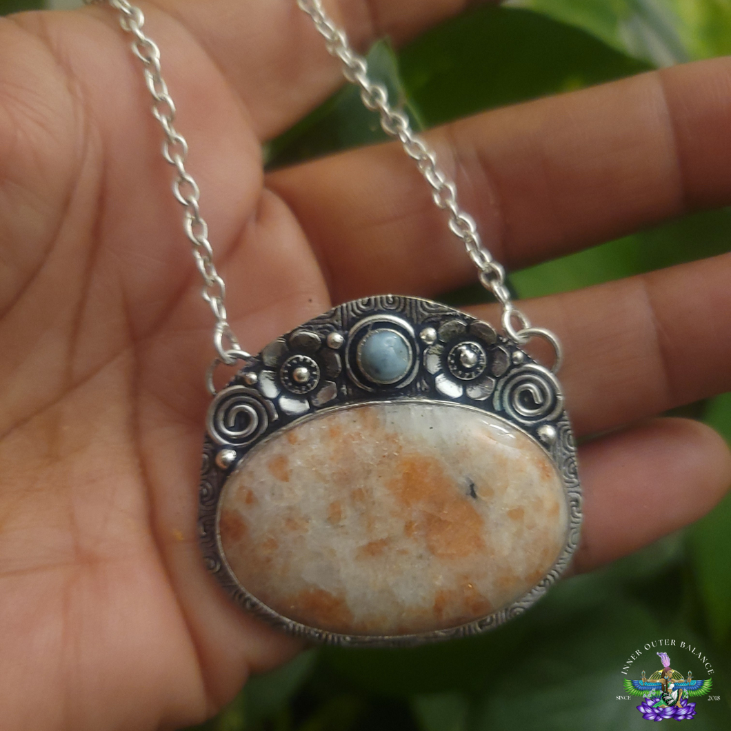 Sunstone with Larimar Crystal Pendant Necklace