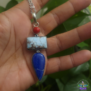 Lapis Lazuli with Turquoise & Coral Crystal Pendant Necklace