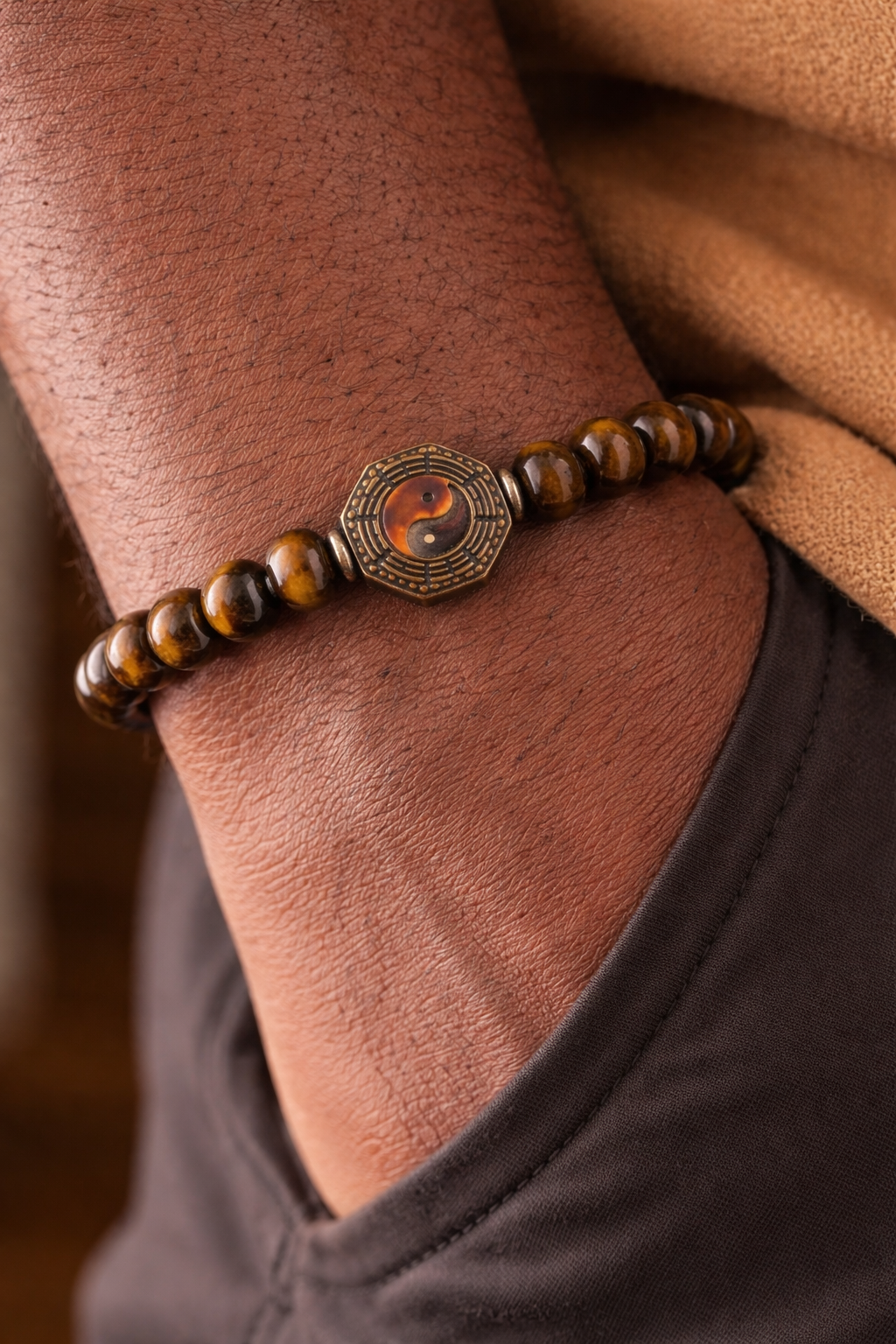 Tiger’s Eye Bracelet with Carved Bone Yin Yang