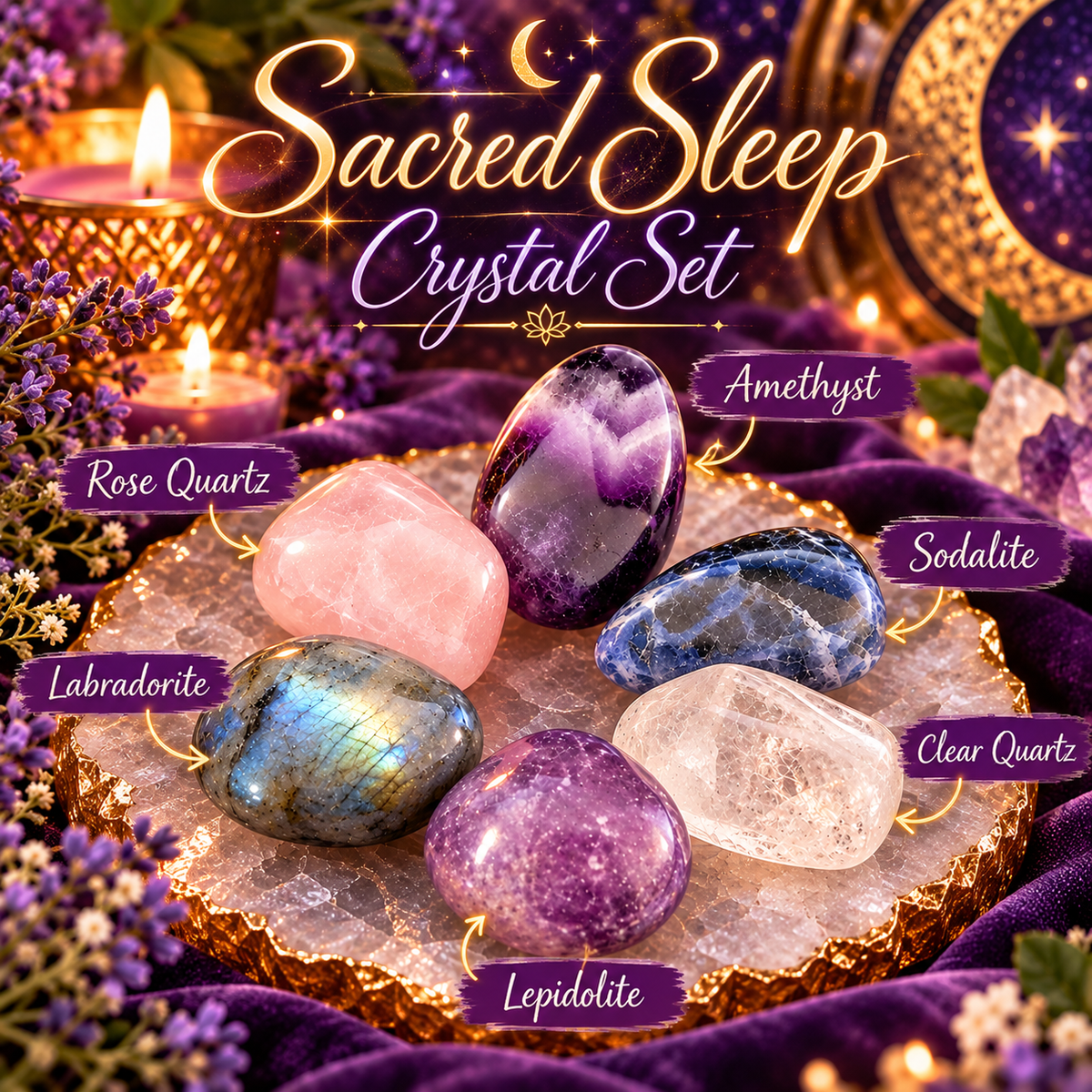 Sacred Sleep Crystal Set | 6 Tumbled Crystals for Dream Work, Relaxation & Restful Sleep