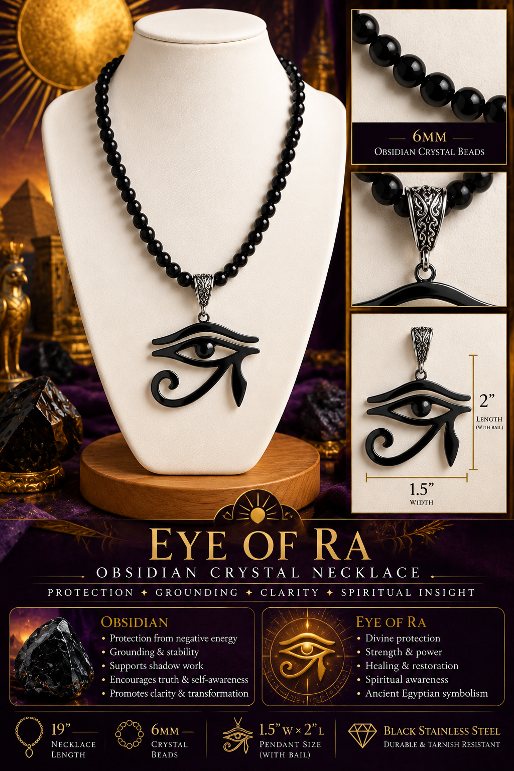 Eye of Ra Obsidian Crystal Necklace | Ancient Egyptian Protection & Power