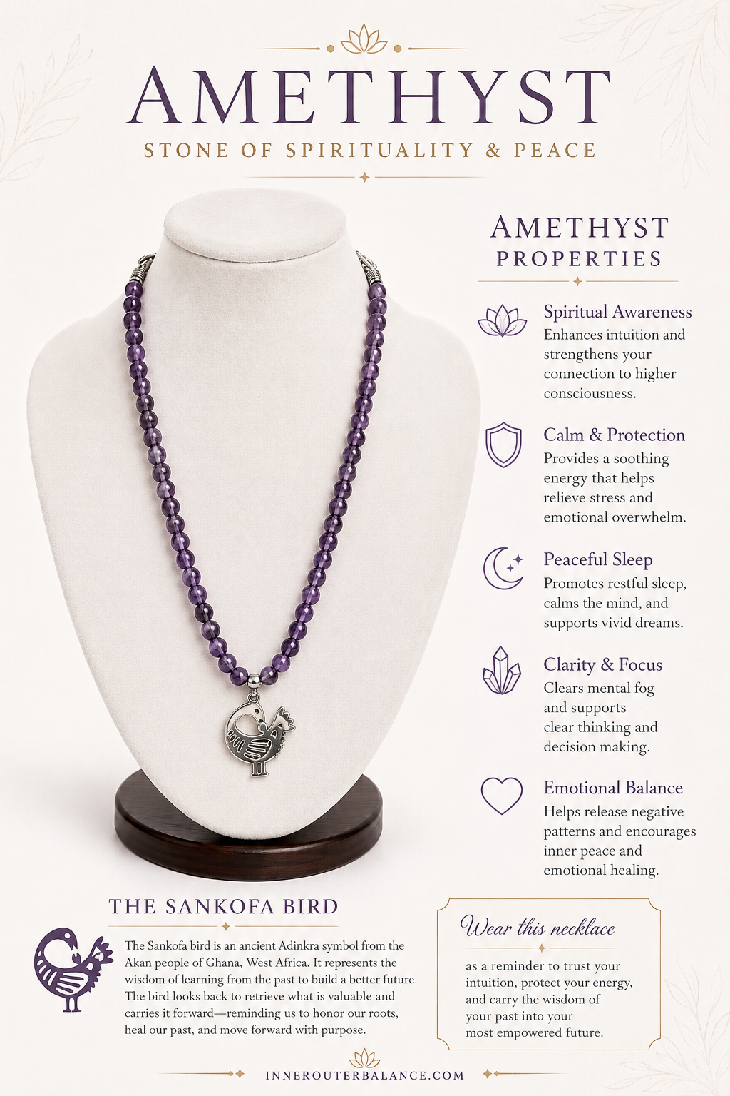 Amethyst Beaded Necklace with Sankofa Pendant