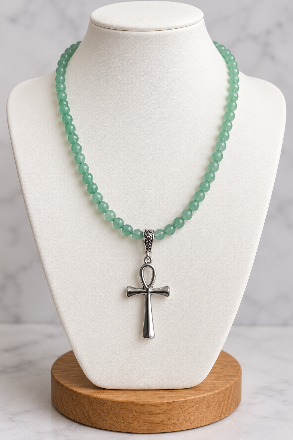 Handmade Green Aventurine Crystal Necklace with Silver Ankh Pendant | Abundance, Protection & Renewal