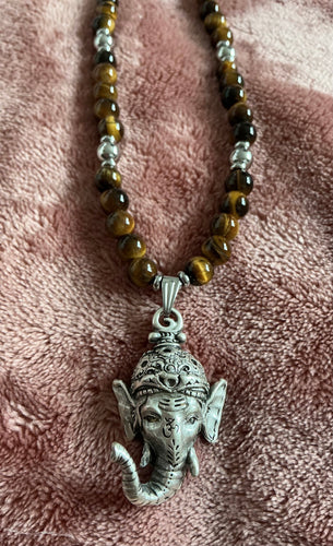 Tiger’s Eye Beaded Necklace with Ganesh Pendant