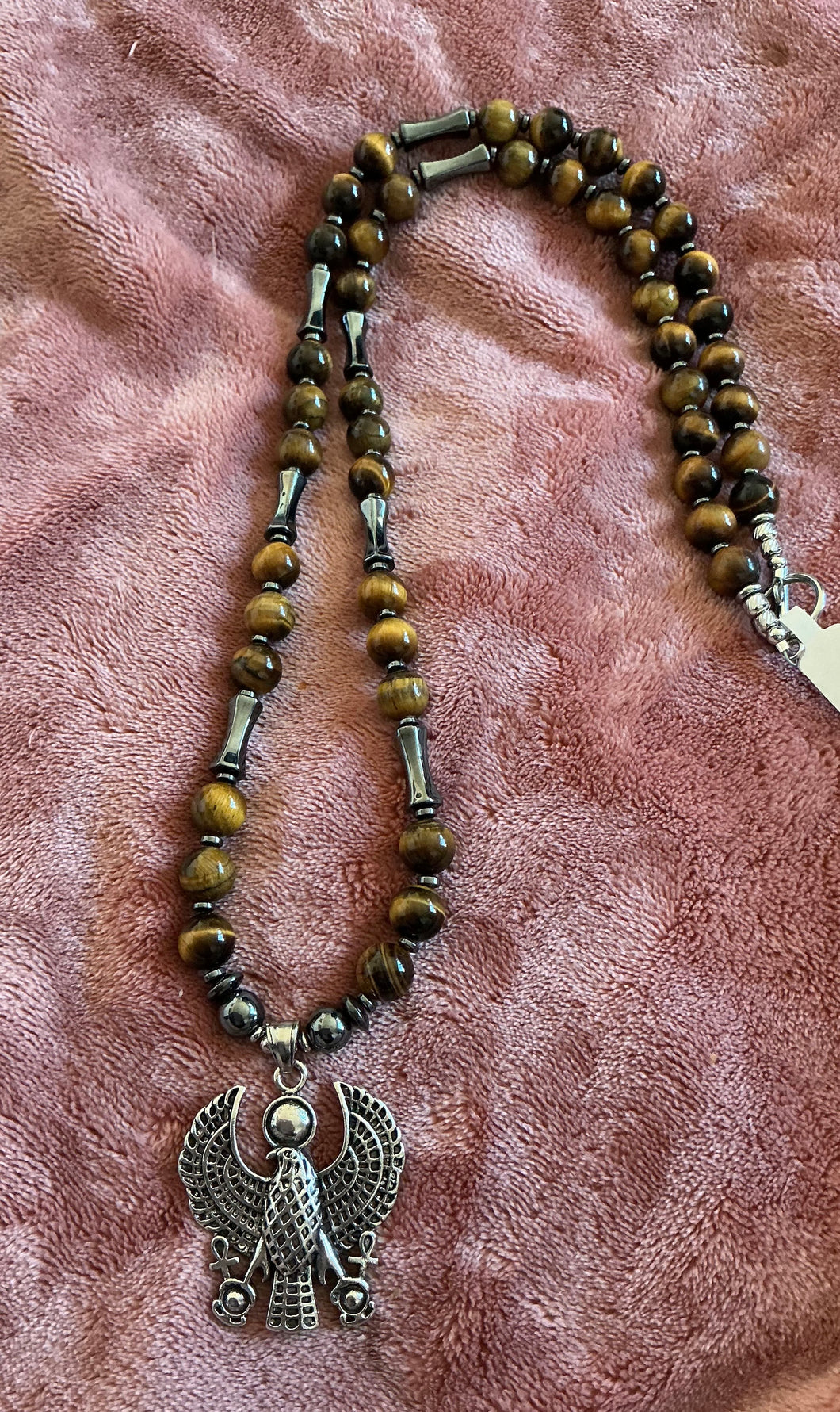 Heru Falcon Necklace with Tiger’s Eye & Hematite — Strength, Protection & Grounded Power