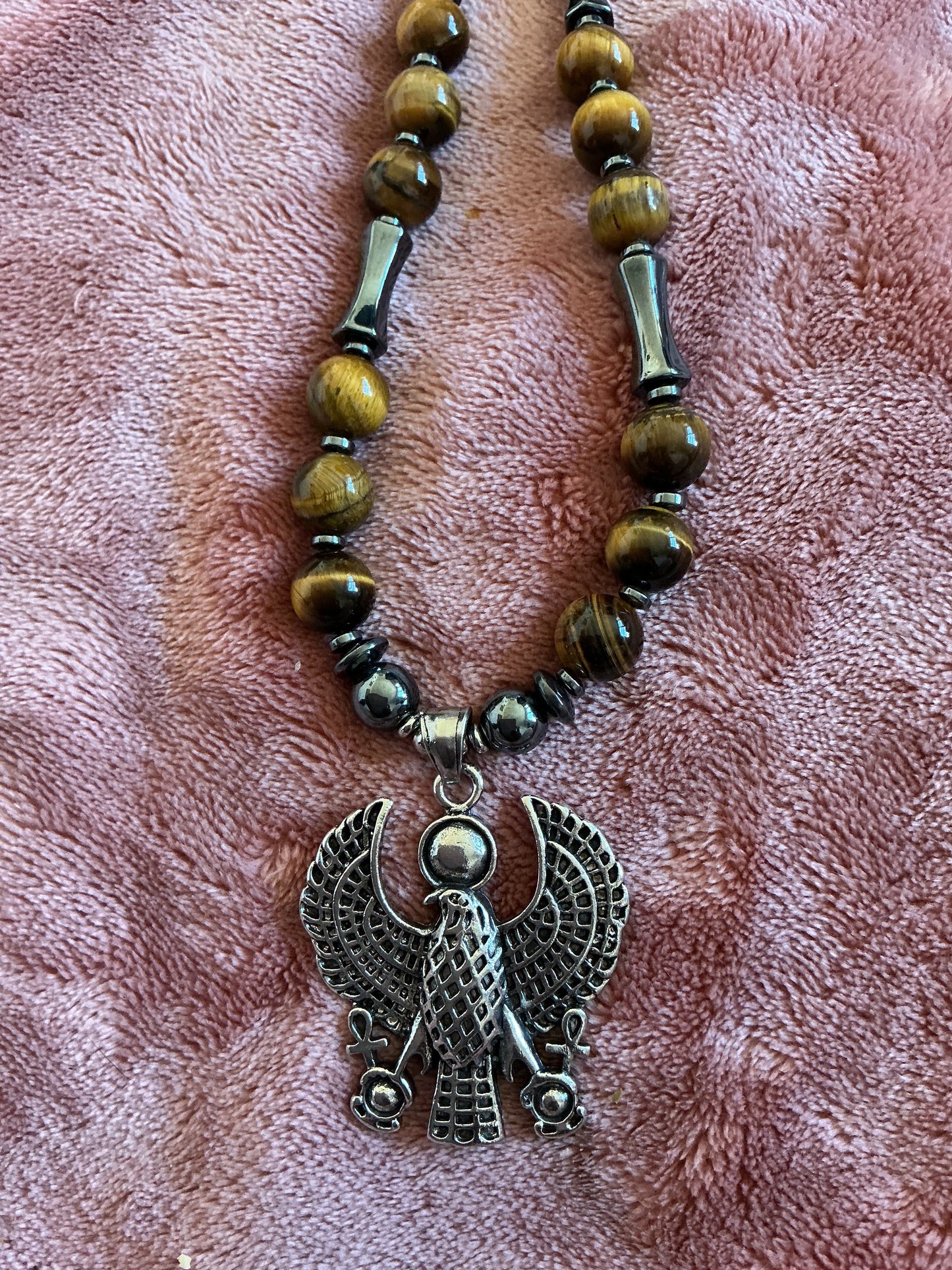 Heru Falcon Necklace with Tiger’s Eye & Hematite — Strength, Protection & Grounded Power