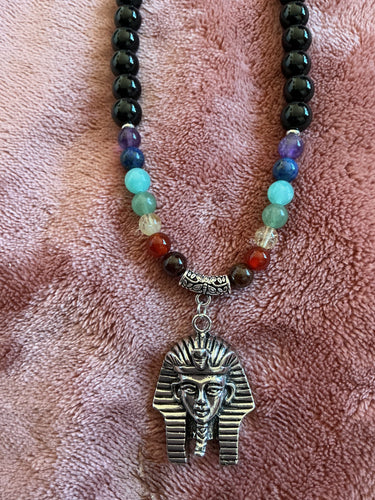 7 Chakra Beaded Necklace with Black Tourmaline & Kemetic Nswt (Pharaoh) Pendant