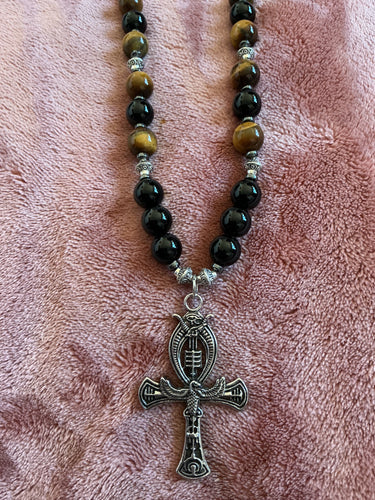 Handmade Tiger's Eye, Obsidian & Hematite Necklace with Ankh Pendant