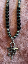 Obsidian & Hematite Beaded Necklace with Ankh + Eye of Ra Pendant – Handmade Protection Jewelry