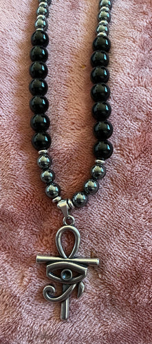 Obsidian & Hematite Beaded Necklace with Ankh + Eye of Ra Pendant – Handmade Protection Jewelry
