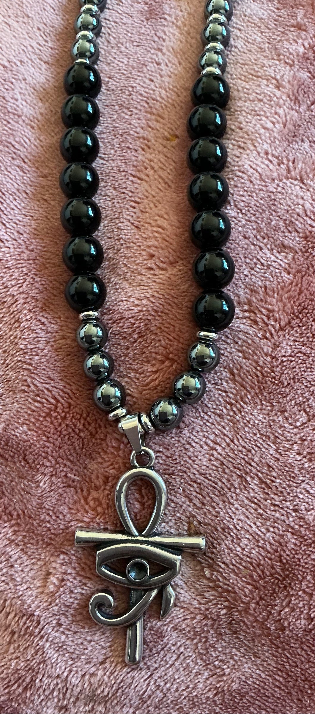 Obsidian & Hematite Beaded Necklace with Ankh + Eye of Ra Pendant – Handmade Protection Jewelry