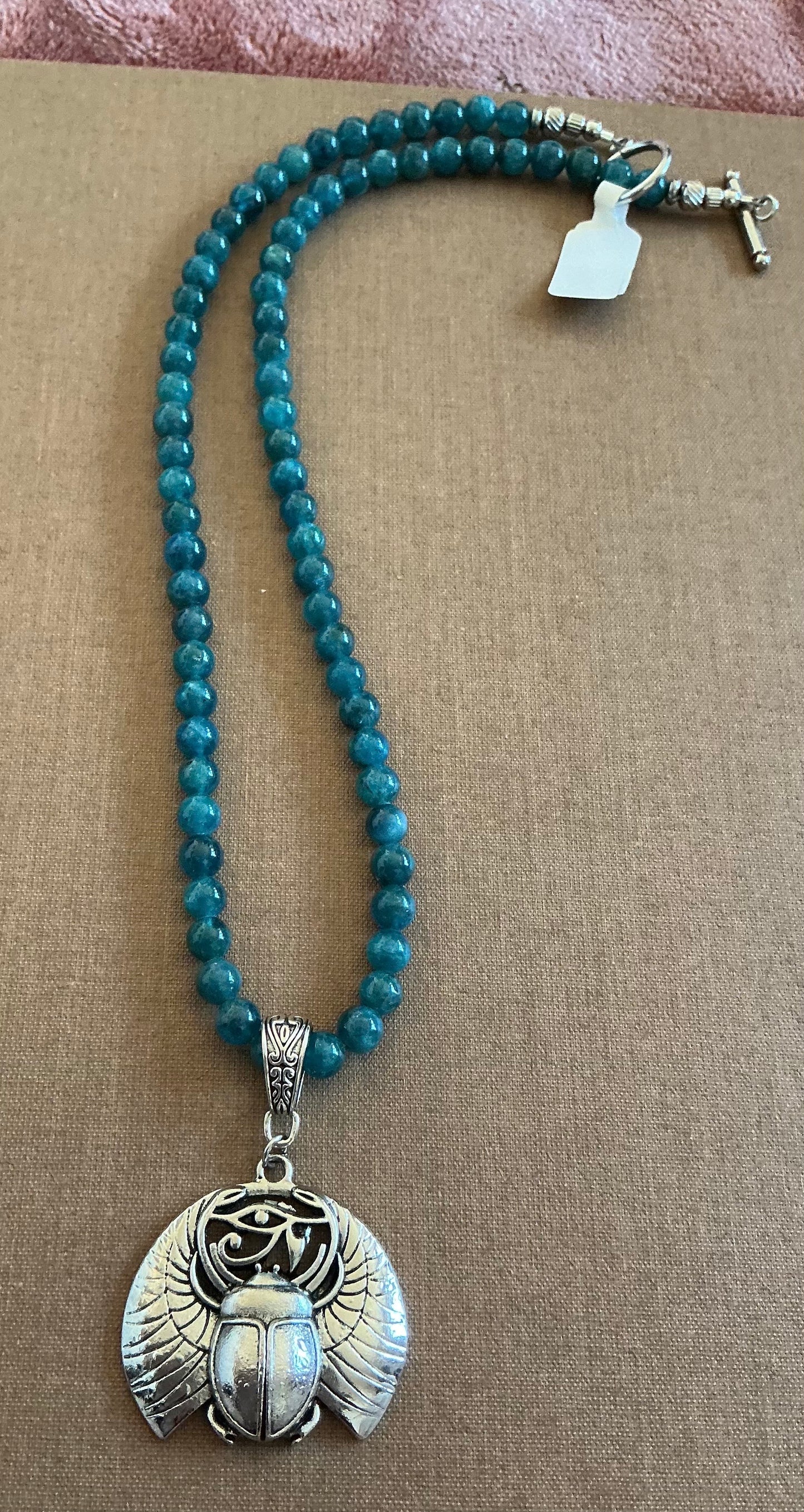 Blue Apatite Beaded Necklace with Winged Khper (Scarab)