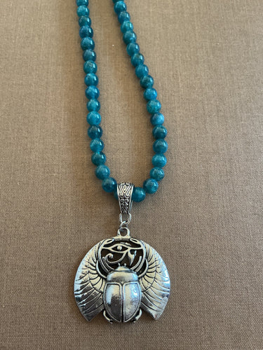 Blue Apatite Beaded Necklace with Winged Khper (Scarab)