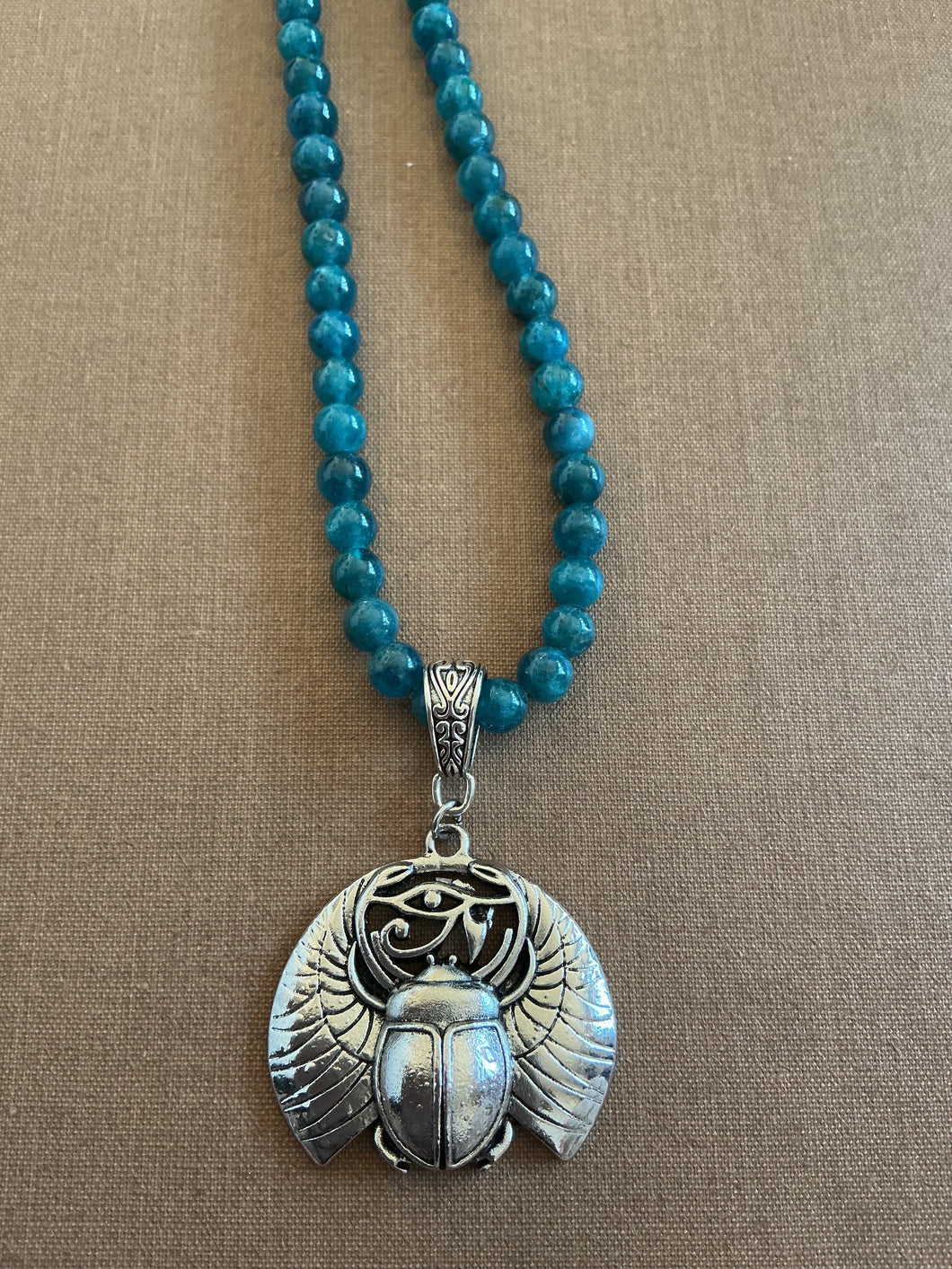 Blue Apatite Beaded Necklace with Winged Khper (Scarab)