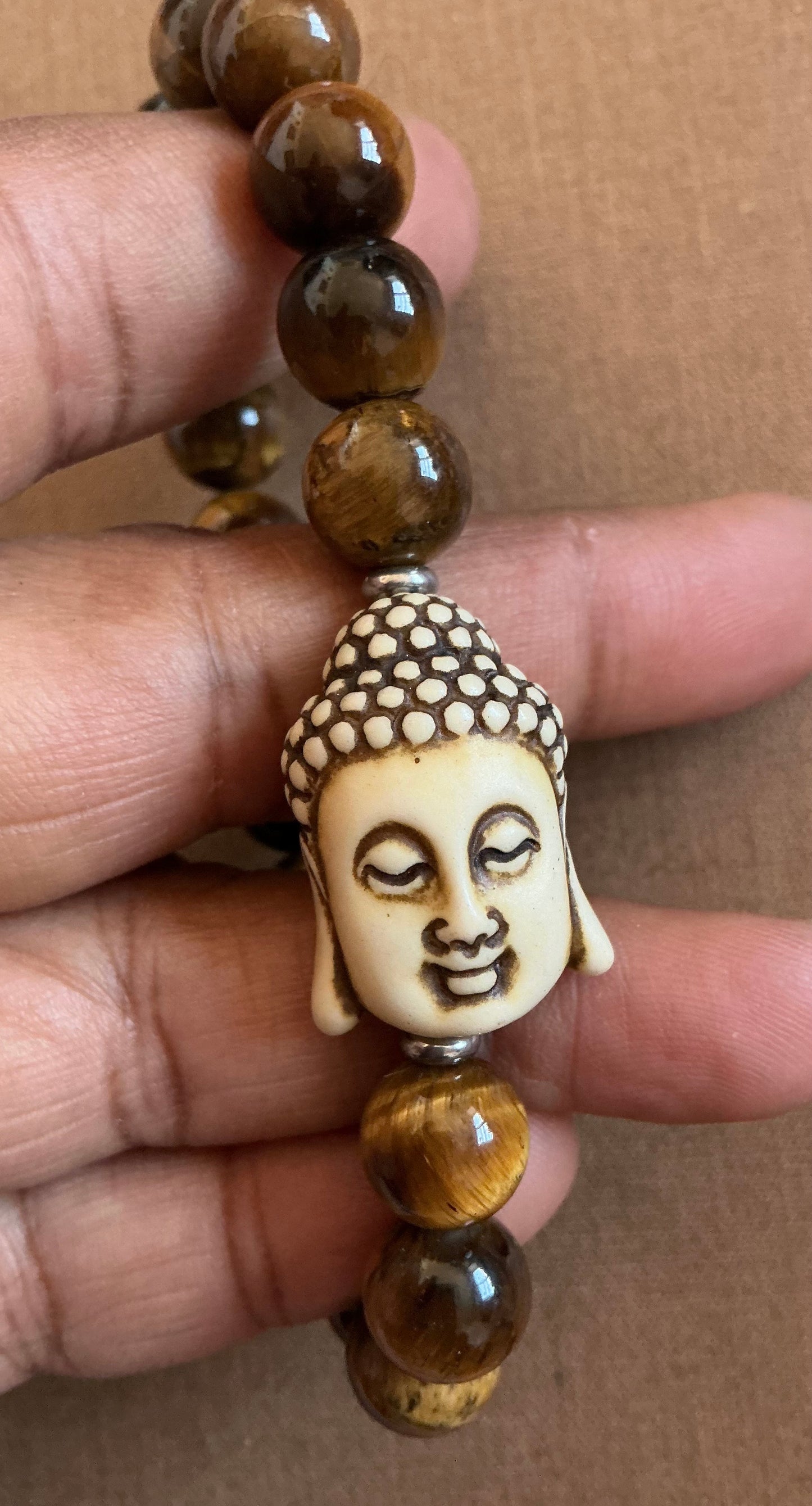 Tiger’s Eye Bracelet with Flat Carved Buddha Face