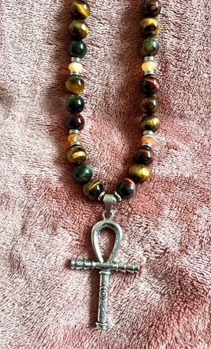Triple Tiger’s Eye Ankh Necklace — Handmade Power & Protection