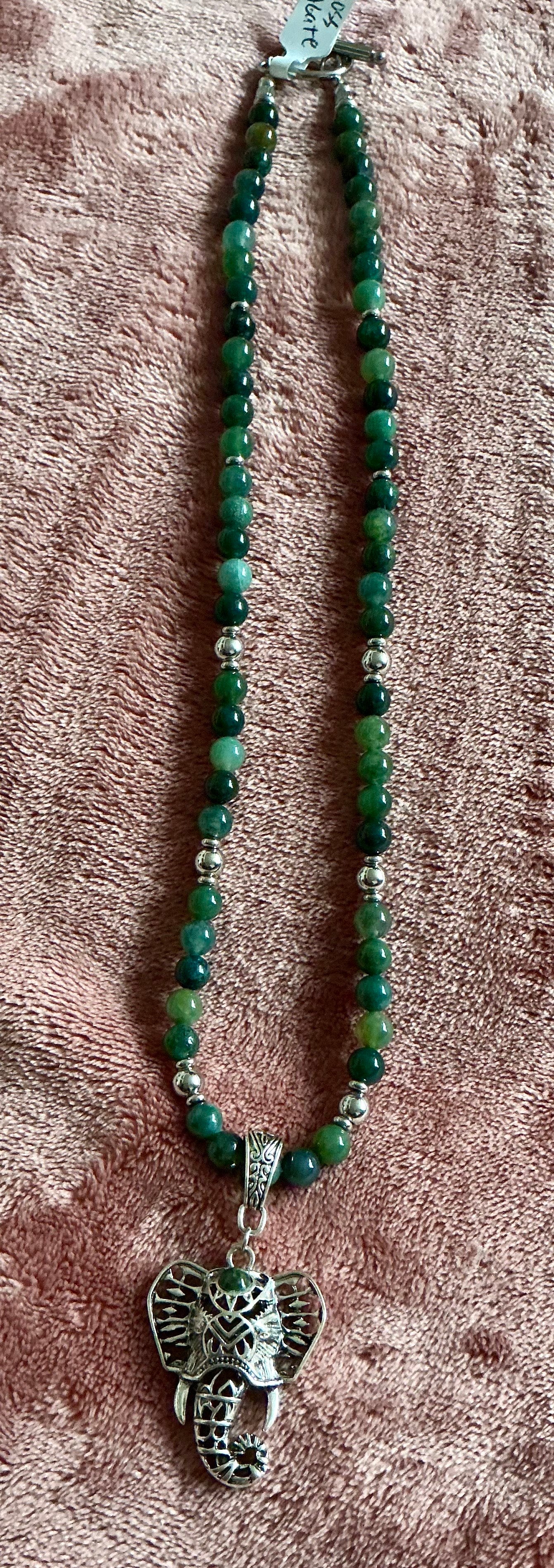 Moss Agate With Elephant Pendant Necklace