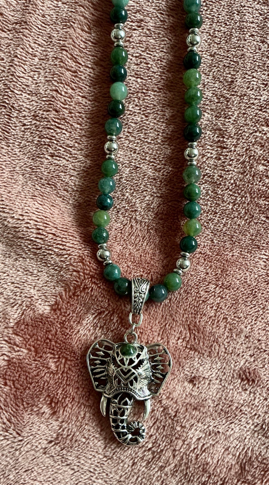 Moss Agate With Elephant Pendant Necklace
