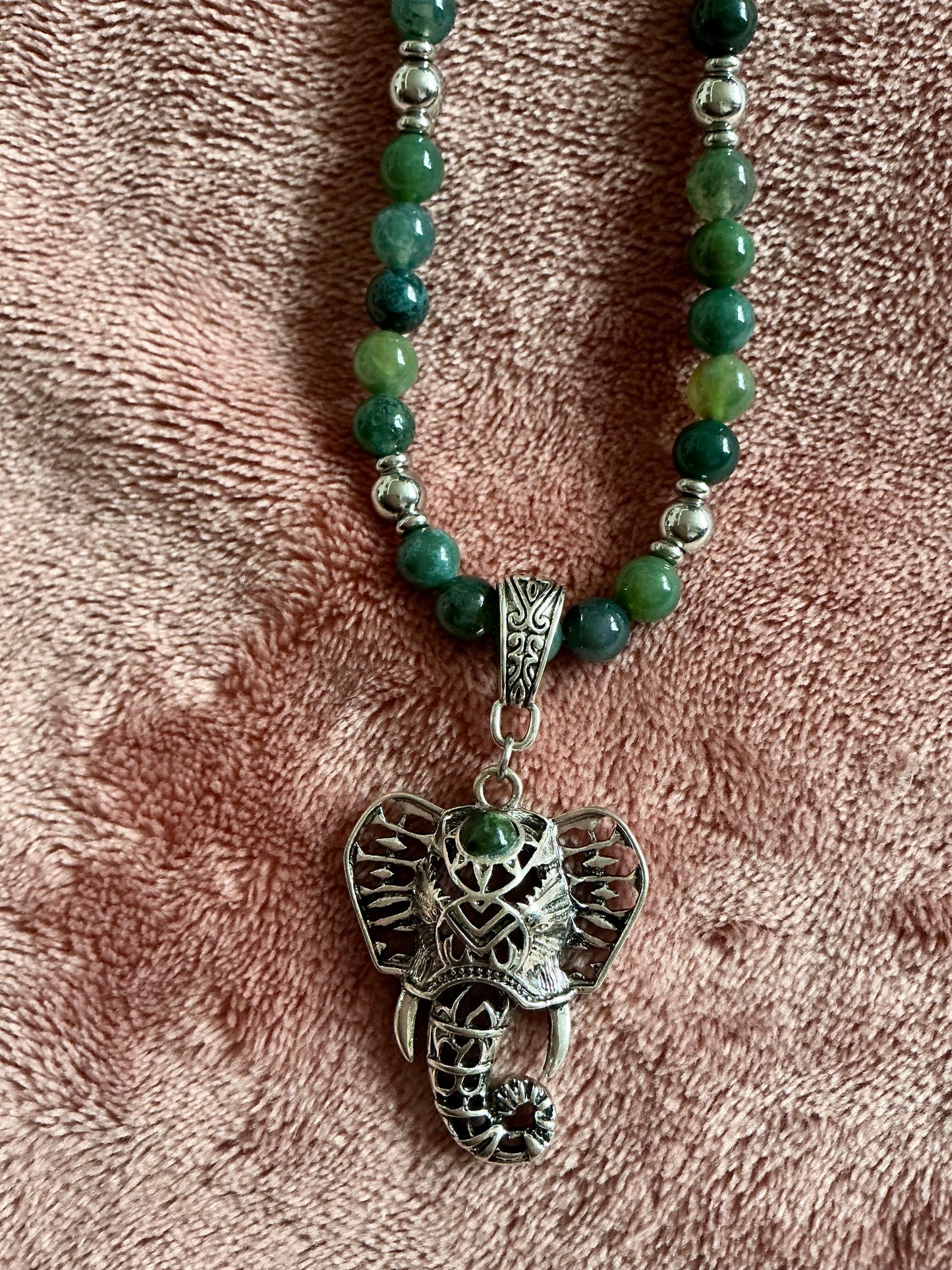 Moss Agate With Elephant Pendant Necklace